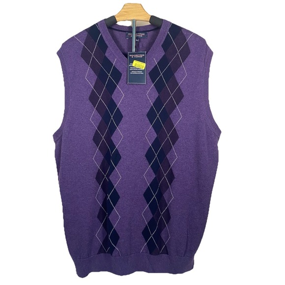 Roundtree & Yorke NWT $59  Mens‎ Large Purple Black V-Neck Cotton Sweater Vest - Picture 1 of 10